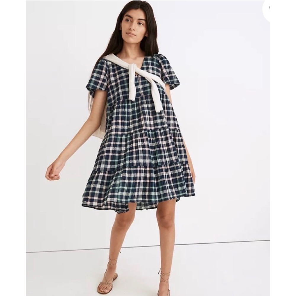 Madewell Plaid Seersucker Tiered Mini Dress Navy Green Pink NA307 Womens Small